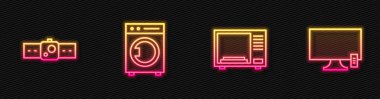 Hattı mikrodalga fırın, Smartwatch, Yıkama ve TV 'ye ayarla. Parlayan neon ikonu. Vektör