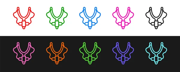 Set line Slingshot icon isoliert auf schwarzem und weißem Hintergrund. Vektor — Stockvektor