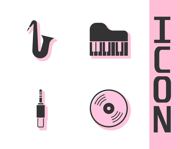 Conjunto de disco de vinilo, saxofón instrumento musical, jack de audio y Grand piano icono. Vector — Vector de stock