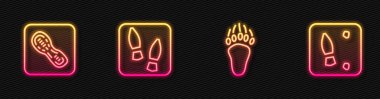 Ayı pençesi ayak izi, insan ayak izi, ve. Parlayan neon ikonu. Vektör