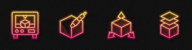 Satır Isometric küp, 3D yazıcı, 3D kalem aracı ve katmanları ayarla. Parlayan neon ikonu. Vektör
