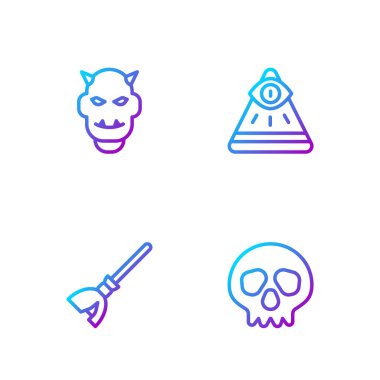 Çizgiyi Kurukafa, Cadıların süpürgesi, Boynuzlu ve Masonlu Şeytanın Maskesi. Renk simgeleri. Vektör