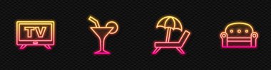 Sırayı şemsiyeli Sunbed, Smart Tv, Cocktail ve Sofa ile ayarlayın. Parlayan neon ikonu. Vektör