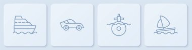 Seyir gemisi, denizaltı, araba ve yat yelkenlisi ayarlayın. Beyaz kare düğme. Vektör