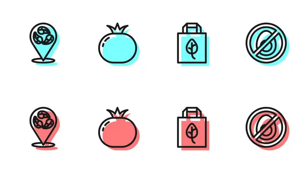 Set linea Shopping bag con riciclo, Vegan dieta alimentare, pomodoro e No meat icon. Vettore — Vettoriale Stock
