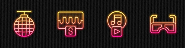 Set line Play in square, Disco ball, Music wave equalizer and Glasses. Glowing neon icon. Vector — Stock Vector