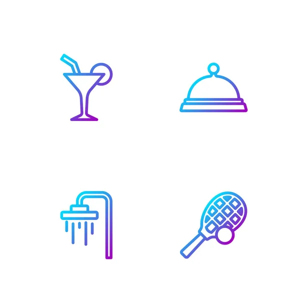 Set line Tennis racket with ball, Shower, Cocktail and Covered tray of food. Gradient color icons. Vector — Stock Vector