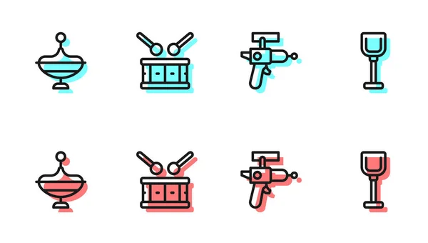 Set-Line-Ray-Pistole, Whirligig Spielzeug, Trommel mit Schlagstöcken und Schaufel-Symbol. Vektor — Stockvektor