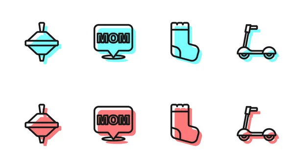 Set line Calcetines para bebés, Whirligig toy, Speech bubble mom y Roller scooter icon. Vector — Archivo Imágenes Vectoriales