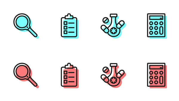 Régler la pilule de médecine ligne, Loupe, Pour faire la liste ou la planification et icône Calculatrice. Vecteur — Image vectorielle