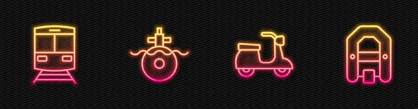 Set line Scooter, Tren y ferrocarril, Submarino y Rafting boat. Icono de neón brillante. Vector — Archivo Imágenes Vectoriales