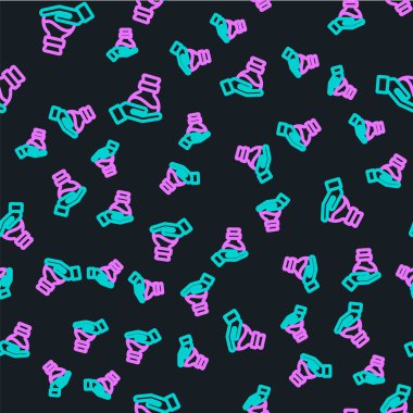 Siyah zemin üzerinde iksir ikonu olan çizgi şişesi izole edilmiş pürüzsüz desen. Sihirli iksirli matara. Mutlu Cadılar Bayramı Partisi. Vektör