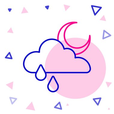 Yağmur ve ay ikonuna sahip çizgi bulutu beyaz arka planda izole edildi. Yağmur damlaları ile yağmur bulutu yağışı. Renkli taslak konsepti. Vektör