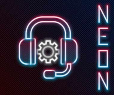 Parlayan neon hattı kulaklık simgesi siyah arkaplanda izole edildi. Müşteri hizmetleri, yardım hattı, çağrı merkezi, faq, bakım. Renkli taslak konsepti. Vektör