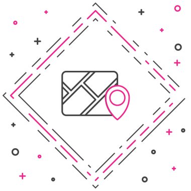 Şehir haritası gezinme simgesinin çizgi bilgileri beyaz arkaplanda izole edildi. Mobil Uygulama Arayüzü tasarımı. Coğrafi konsept. Renkli taslak konsepti. Vektör