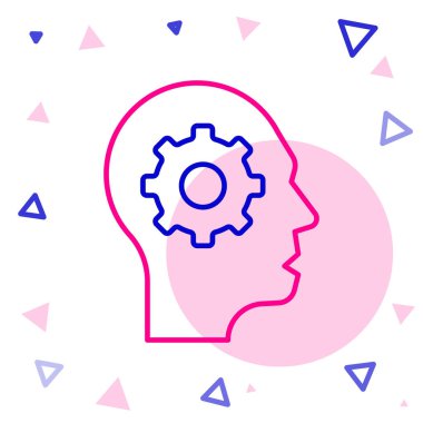 Beyaz arka planda izole edilmiş ikon içerisindeki dişli çizgi insan kafası. Yapay zeka. Düşünen beyin. Beynin sembol çalışması. Renkli taslak konsepti. Vektör