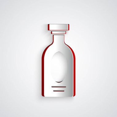 Kağıt kesiği, alkol, rom şişesi ikonu, gri arka planda izole edilmiş. Kağıt sanatı tarzı. Vektör