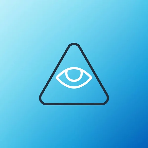 Символ Масонов линии Всевидящее око Божье изолирован на синем фоне. Глаз Провидения в треугольнике. Красочная концепция контура. Вектор — стоковый вектор
