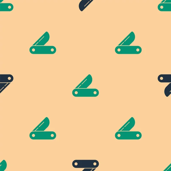 Green and black Swiss army knife icon isolated seamless pattern on beige background. Multi-tool, multipurpose penknife. Multifunctional tool. Vector — Stock Vector