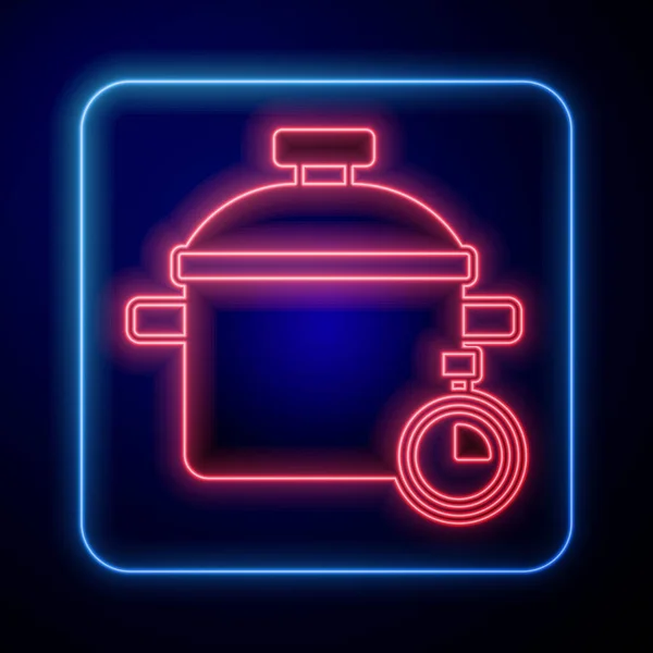 Glödande neon Matlagning potten ikon isolerad på svart bakgrund. Koka eller gryta mat symbol. Vektor — Stock vektor