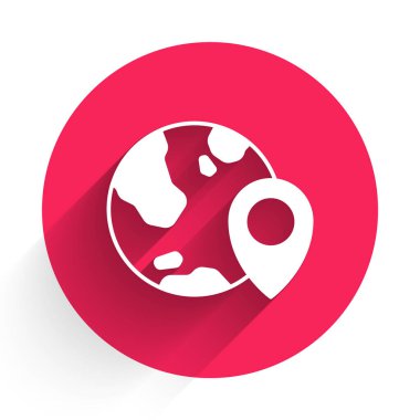 Dünya ikonundaki beyaz konum uzun gölgeli izole edilmiş. Dünya ya da Dünya işareti. Kırmızı daire düğmesi. Vektör