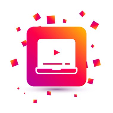 Beyaz arkaplanda izole edilmiş White Online video oynatma simgesi. Dizüstü bilgisayar ve oyun işaretli film şeridi. Kare renk düğmesi. Vektör