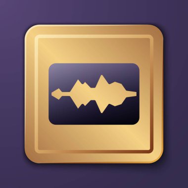 Mor Müzik Dalga Dengeleyici simgesi mor arkaplanda izole edildi. Ses dalgası. Ses dijital dengeleyici teknolojisi, konsol paneli, nabız müzikali. Altın kare düğme. Vektör
