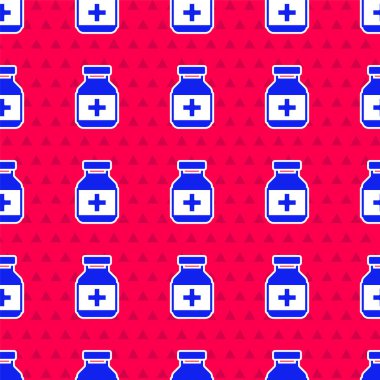 Mavi ilaç şişesi ve ilaç ikonu kırmızı arka planda izole edilmiş kusursuz desen. Şişe hapı işareti. Eczane tasarımı. Vektör