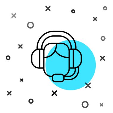 Beyaz arka planda izole edilmiş kulaklık simgesi olan siyah çizgi kadını. Destek operatörü hatta. Çağrı merkezi konsepti, müşteri destek servisi. Rastgele dinamik şekiller. Vektör