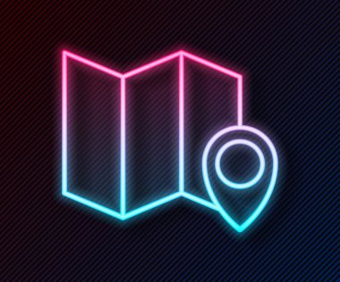 Parlayan neon çizgisi Katlanmış harita konum simgesi simgesi siyah arkaplanda izole edildi. Vektör
