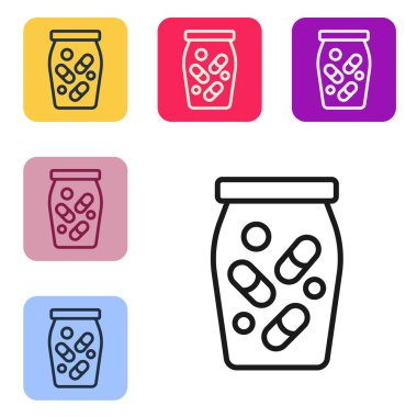 Siyah çizgi ilaç şişesi ve beyaz arka planda izole edilmiş hap ikonu. Şişe hapı işareti. Eczane tasarımı. Renkli kare düğmelerle simgeleri ayarla. Vektör