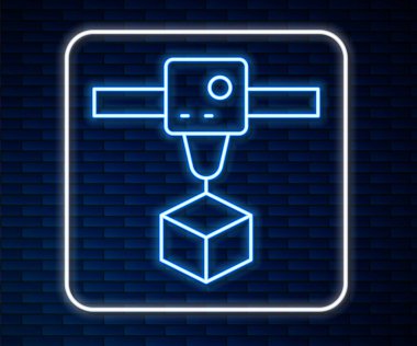 Parlayan neon hattı 3D yazıcı küp simgesi tuğla duvar arka planında izole edildi. 3D baskı. Vektör