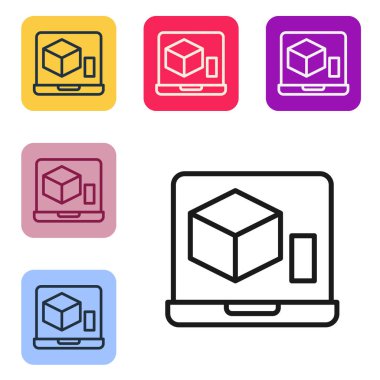 Siyah çizgi 3D yazıcı simgesi beyaz arkaplanda izole edildi. 3D baskı. Renkli kare düğmelerle simgeleri ayarla. Vektör