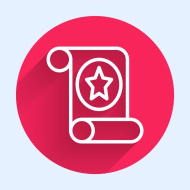 Beyaz çizgi sihirli parşömen simgesi uzun gölgeli izole edilmiş. Karar, kağıt, parşömen, parşömen ikonu. Kırmızı daire düğmesi. Vektör