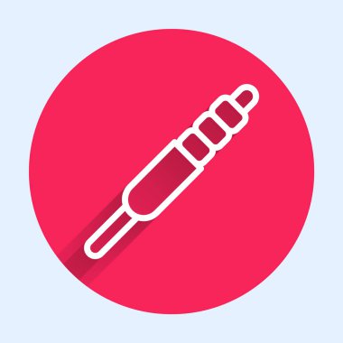 Beyaz çizgi sesli kriko simgesi uzun gölgeli izole edildi. Bağlantı ses ekipmanları için ses kablosu. Fiş kablosu. Müzik aleti. Kırmızı daire düğmesi. Vektör