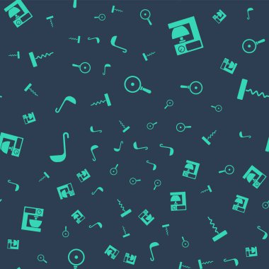 Kızartma tavasını, elektrikli mikseri, mutfak kepçesini ve şarap tirbuşonunu kusursuz desene ayarlayın. Vektör