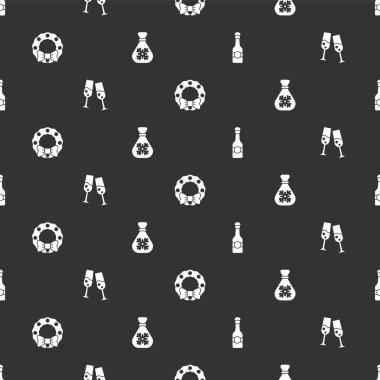 Şampanya şişesi, bir kadeh şampanya, Noel çelengi ve Noel Baba çantası hediye paketi. Vektör