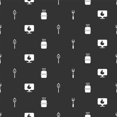 Barbekü çatalını, alev alev yanan yeri, kibriti ve propan benzin deposunu kusursuz desene ayarlayın. Vektör