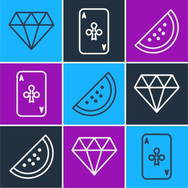 Diamond, karpuzlu kumarhane kumar makinesi ve kulüp simgesiyle kağıt oynamak. Vektör
