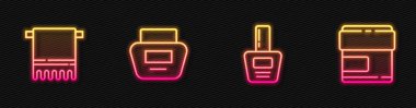 Tırnak cilası şişesi, havlu askısı, krem ya da losyon kozmetik tüpü ve... Parlayan neon ikonu. Vektör