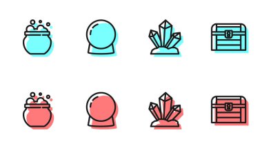 Sihirli taş, cadı kazanı, top ve antik hazine sandığı ikonu. Vektör