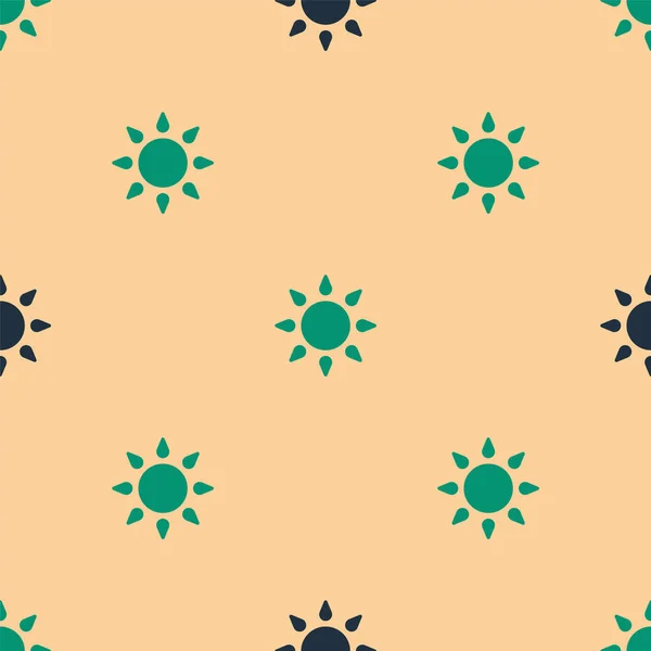 Icono de sol verde y negro aislado patrón sin costuras sobre fondo beige. Vector — Vector de stock