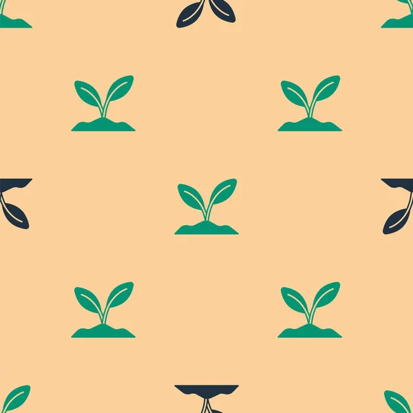 Icône de germe vert et noir isolé motif sans couture sur fond beige. Semence et semis. Panneau des feuilles. Feuille nature. Vecteur — Image vectorielle