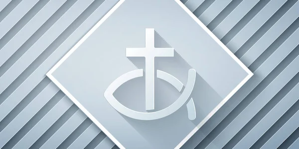 Papier gesneden Christelijke vis symbool pictogram geïsoleerd op grijze achtergrond. Jezus, vissymbool. Papierkunst stijl. Vector — Stockvector