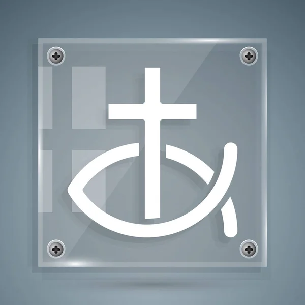 Icono símbolo de pez blanco cristiano aislado sobre fondo gris. Jesús pez símbolo. Paneles cuadrados de vidrio. Vector — Vector de stock