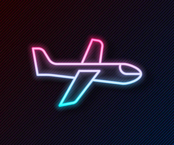 Glowing neon line Plane icon isolated on black background. Ikon pesawat terbang. Tanda pesawat. Vektor - Stok Vektor