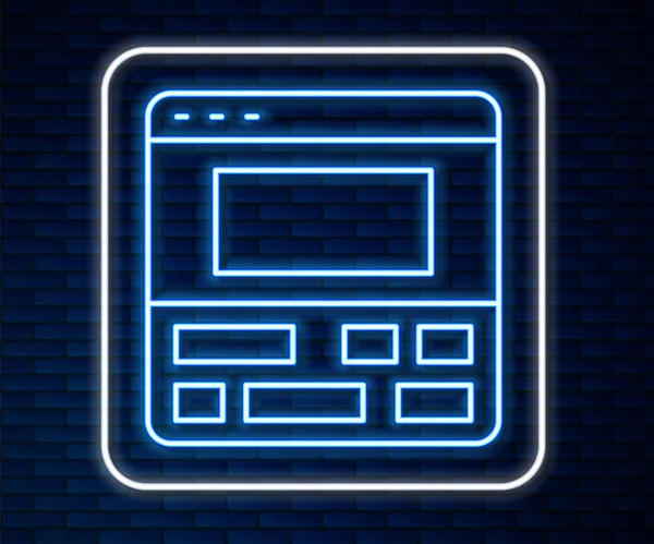 Línea de neón brillante Grabadora de vídeo o software de editor en el icono del ordenador portátil aislado en el fondo de la pared de ladrillo. Edición de vídeo en un ordenador portátil. Vector — Vector de stock