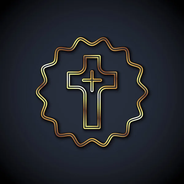 Icono de cruz cristiana de línea dorada aislado sobre fondo negro. Cruz de iglesia. Vector — Vector de stock