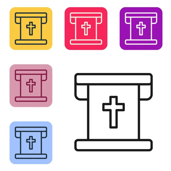Bandera de línea negra con icono de cruz cristiana aislado sobre fondo blanco. Establecer iconos en botones cuadrados de color. Vector — Vector de stock