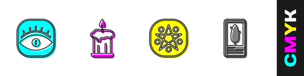 Set Maçons, Bougie brûlante, cercle Pentagramme et Tarot cartes icône. Vecteur — Image vectorielle